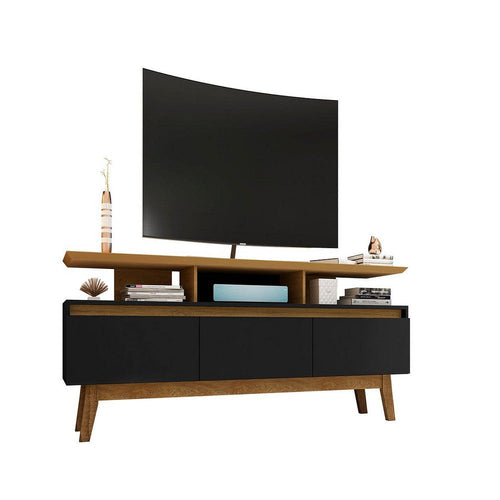 Yonkers 70.86 TV Stand with Solid Wood Legs and 6 Media and Storage Compartments in Black and Cinnamon