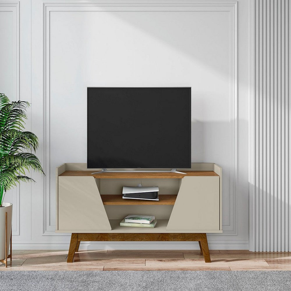 Mid-Century Modern Marcus 53.14 TV Stand with Solid Wood Legs in Greige and Nature