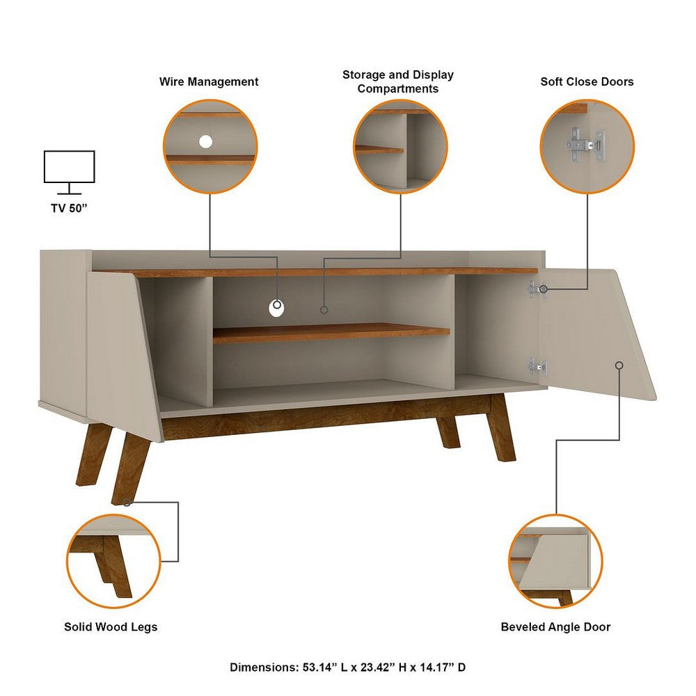 Mid-Century Modern Marcus 53.14 TV Stand with Solid Wood Legs in Greige and Nature MHC-259BMC10