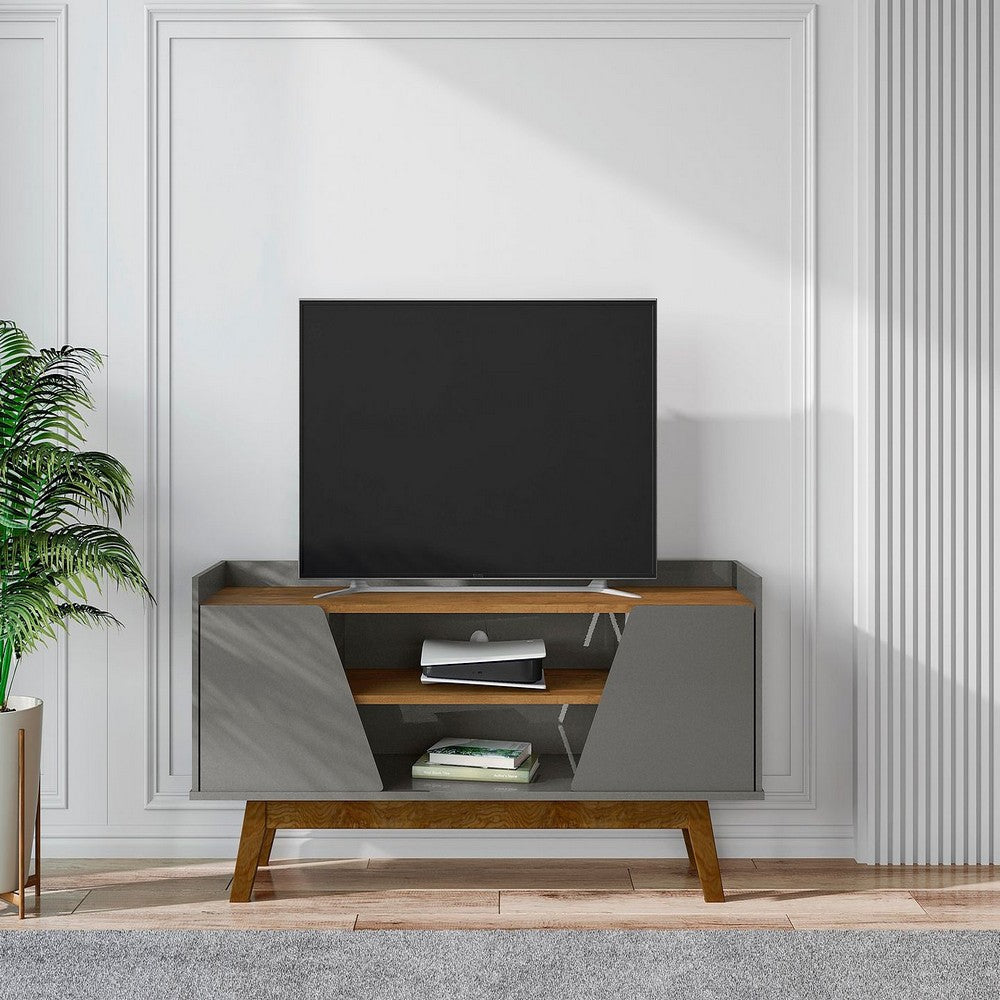 Mid-Century Modern Marcus 53.14 TV Stand with Solid Wood Legs in Grey and Nature