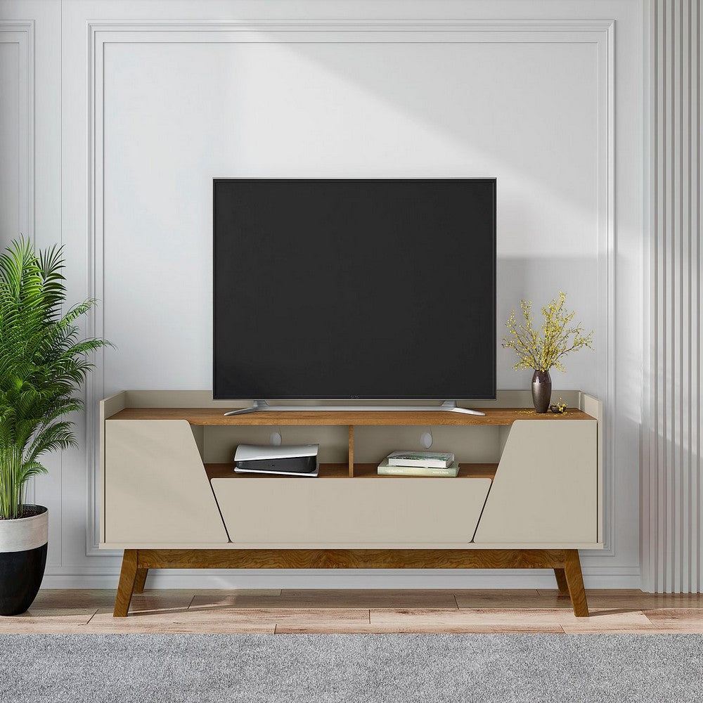 Mid-Century Modern Marcus 70.86 TV Stand with Solid Wood Legs in Greige and Nature