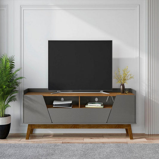 Mid-Century Modern Marcus 70.86 TV Stand with Solid Wood Legs in Grey and Nature