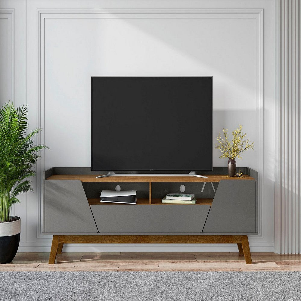 Mid-Century Modern Marcus 70.86 TV Stand with Solid Wood Legs in Grey and Nature