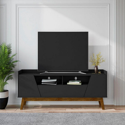 Mid-Century Modern Marcus 70.86 TV Stand with Solid Wood Legs in  Matte Black