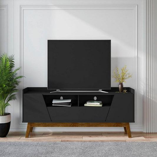 Mid-Century Modern Marcus 70.86 TV Stand with Solid Wood Legs in  Matte Black