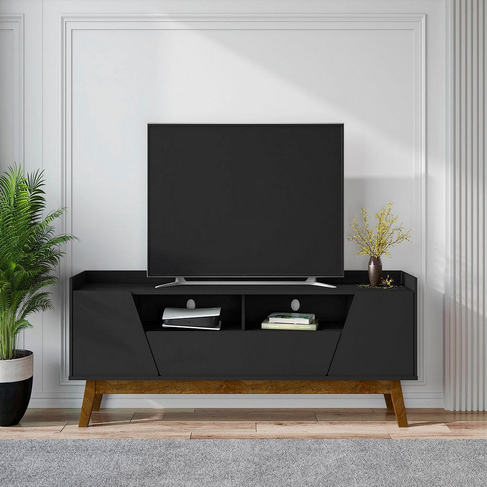 Mid-Century Modern Marcus 70.86 TV Stand with Solid Wood Legs in  Matte Black