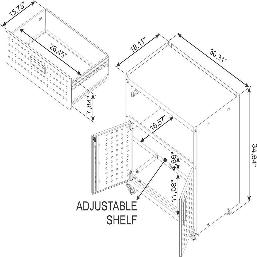 Fortress Textured Metal 31.5’’ Garage Mobile Cabinet with 1 Full Extension Drawer and 2 Adjustable Shelves in Charcoal Grey MHC-2GMCC-CH