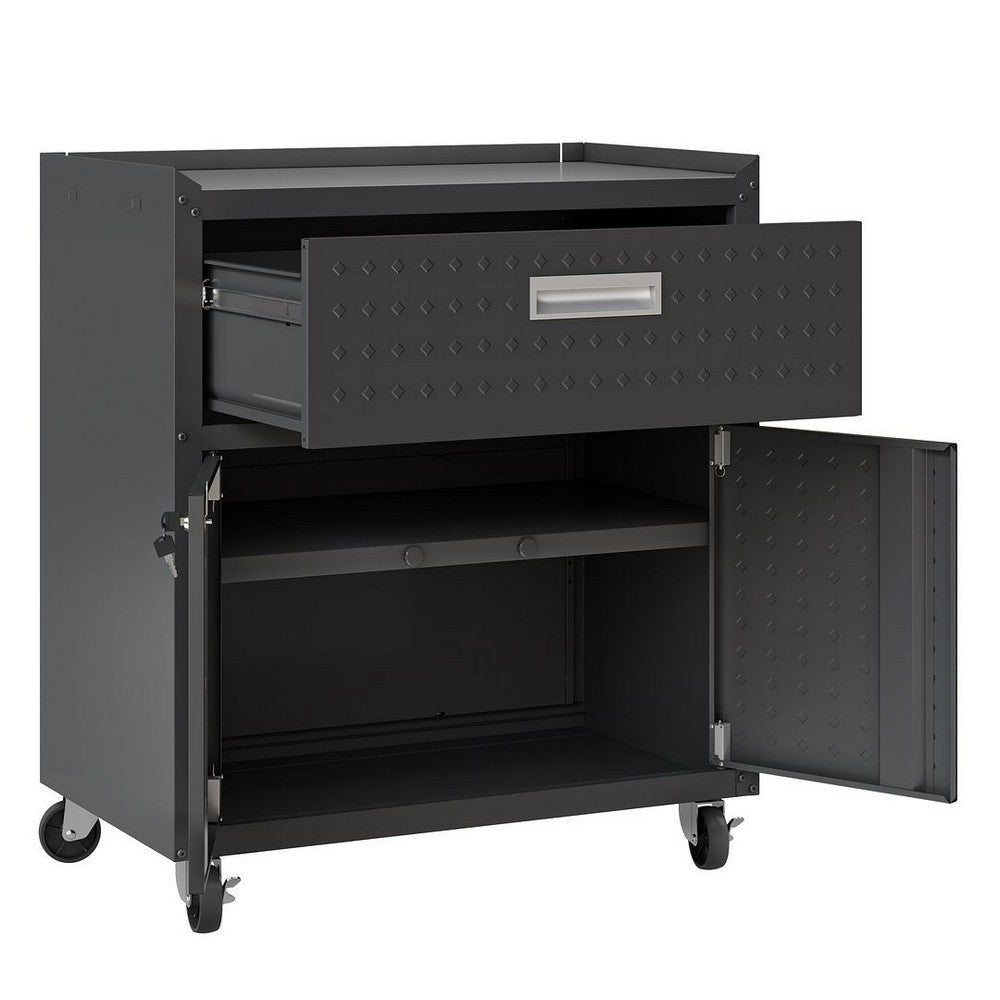 Fortress Textured Metal 31.5’’ Garage Mobile Cabinet with 1 Full Extension Drawer and 2 Adjustable Shelves in Charcoal Grey MHC-2GMCC-CH