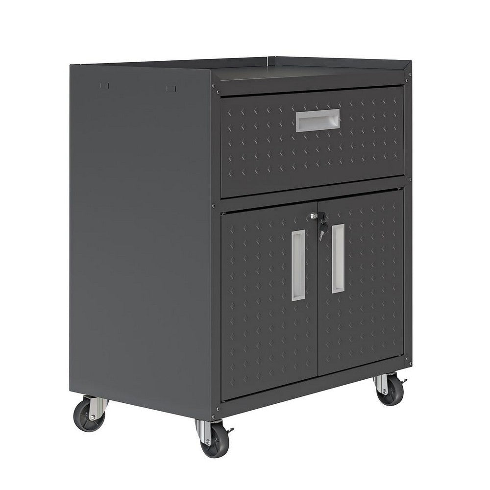 Fortress Textured Metal 31.5’’ Garage Mobile Cabinet with 1 Full Extension Drawer and 2 Adjustable Shelves in Charcoal Grey MHC-2GMCC-CH