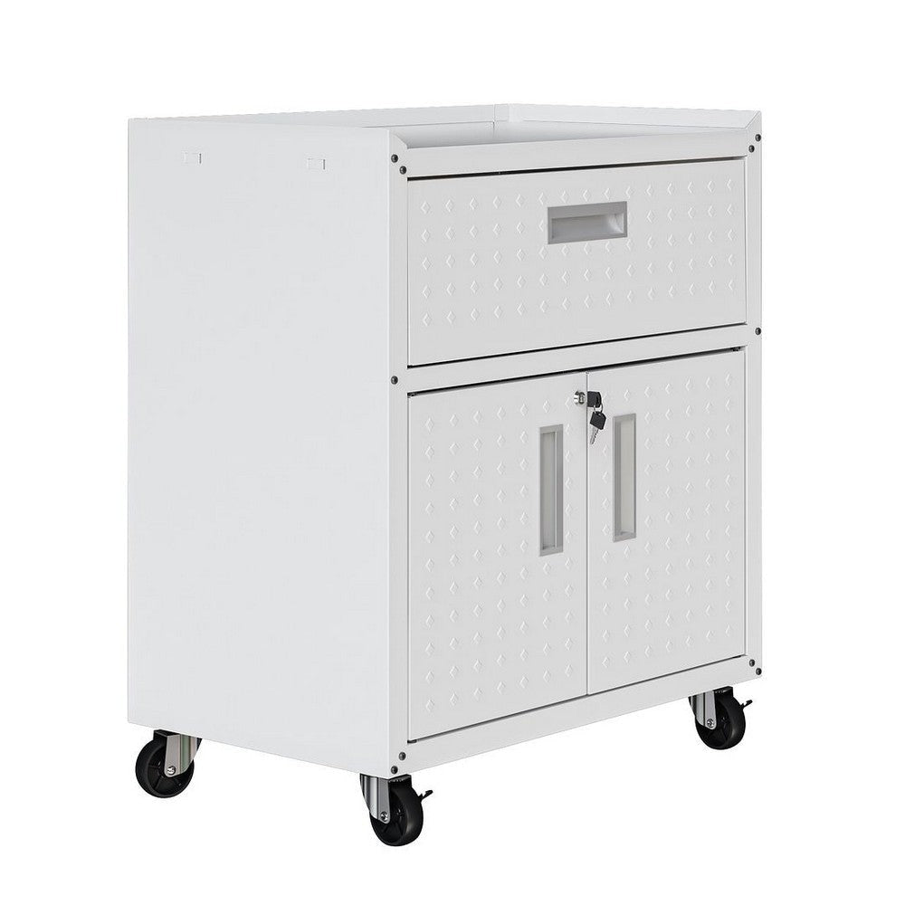 Fortress Textured Metal 31.5’’ Garage Mobile Cabinet with 1 Full Extension Drawer and 2 Adjustable Shelves in White MHC-2GMCC-WH