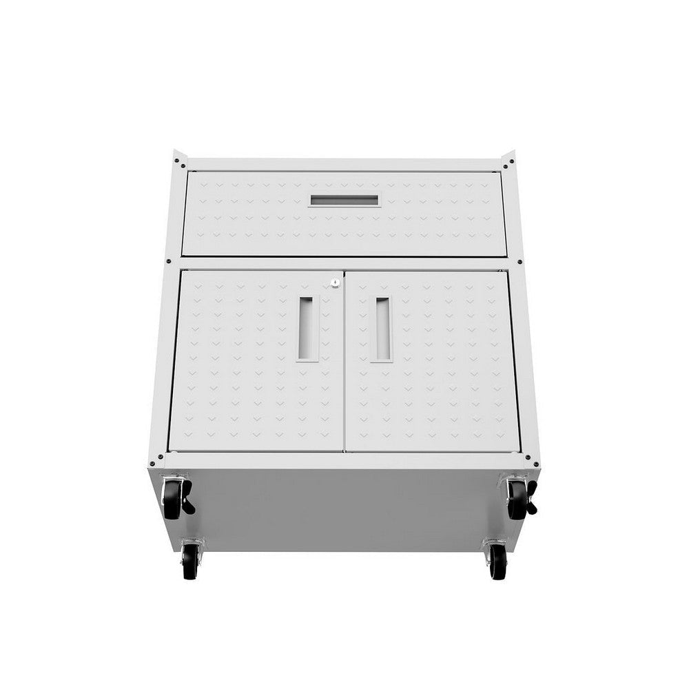 Fortress Textured Metal 31.5’’ Garage Mobile Cabinet with 1 Full Extension Drawer and 2 Adjustable Shelves in White MHC-2GMCC-WH