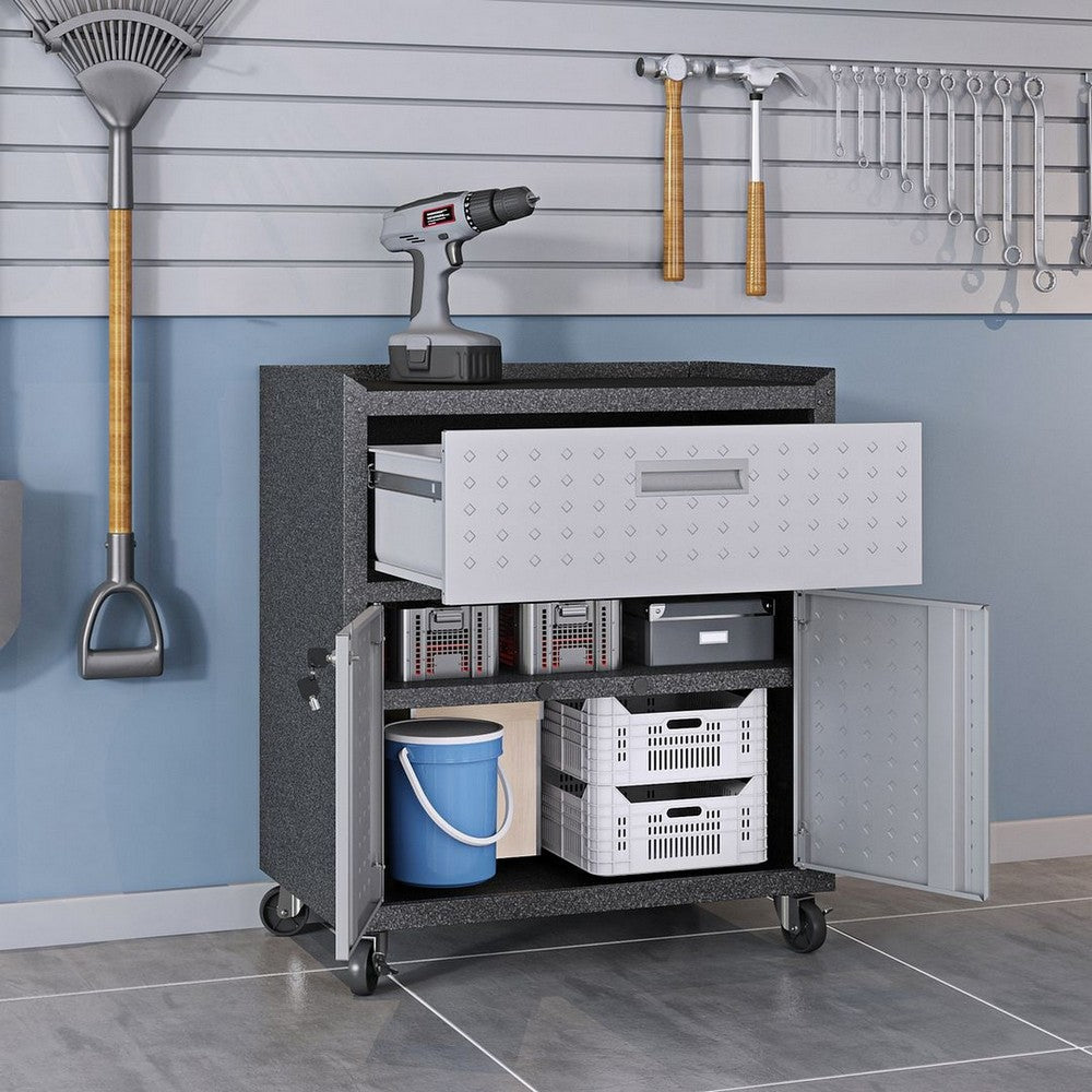 Fortress Textured Metal 31.5’’ Garage Mobile Cabinet with 1 Full Extension Drawer and 2 Adjustable Shelves in Grey MHC-2GMCC