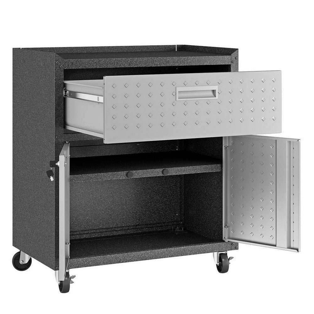 Fortress Textured Metal 31.5’’ Garage Mobile Cabinet with 1 Full Extension Drawer and 2 Adjustable Shelves in Grey MHC-2GMCC