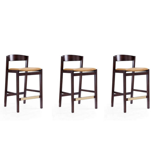 Klismos 36.75 in. Camel and Dark Walnut Beech Wood Counter Height Bar Stool (Set of 3)