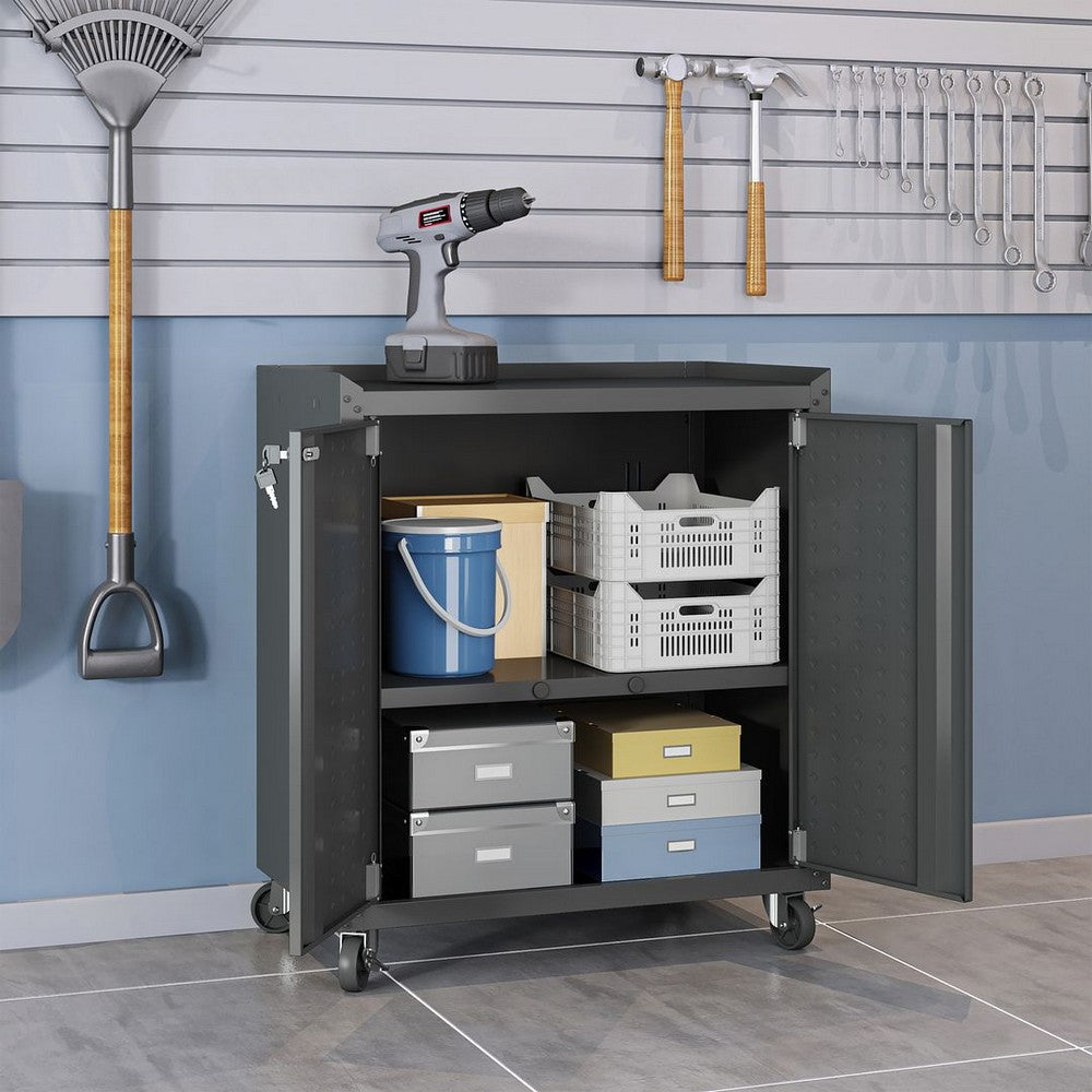 Fortress Textured Metal 31.5’’ Garage Mobile Cabinet with 2 Adjustable Shelves in Charcoal Grey MHC-3GMCC-CH