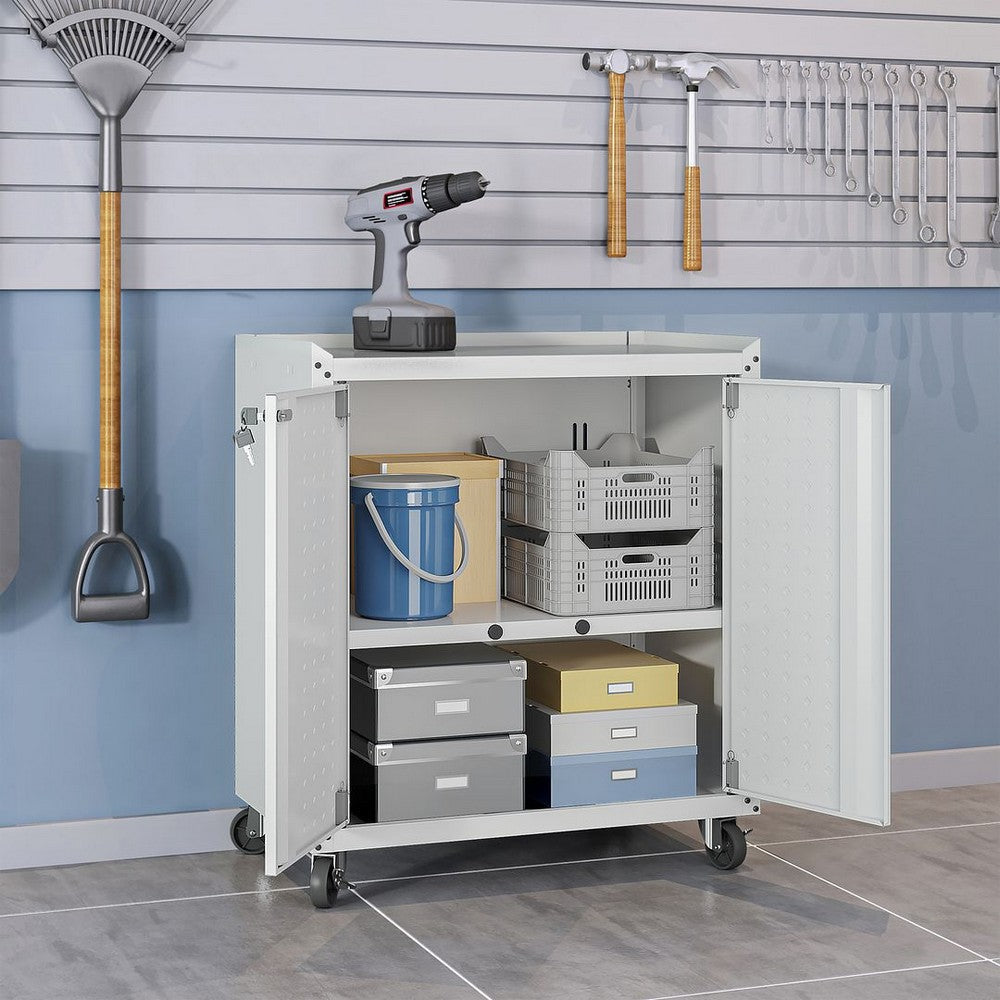 Fortress Textured Metal 31.5’’ Garage Mobile Cabinet with 2 Adjustable Shelves in White MHC-3GMCC-WH