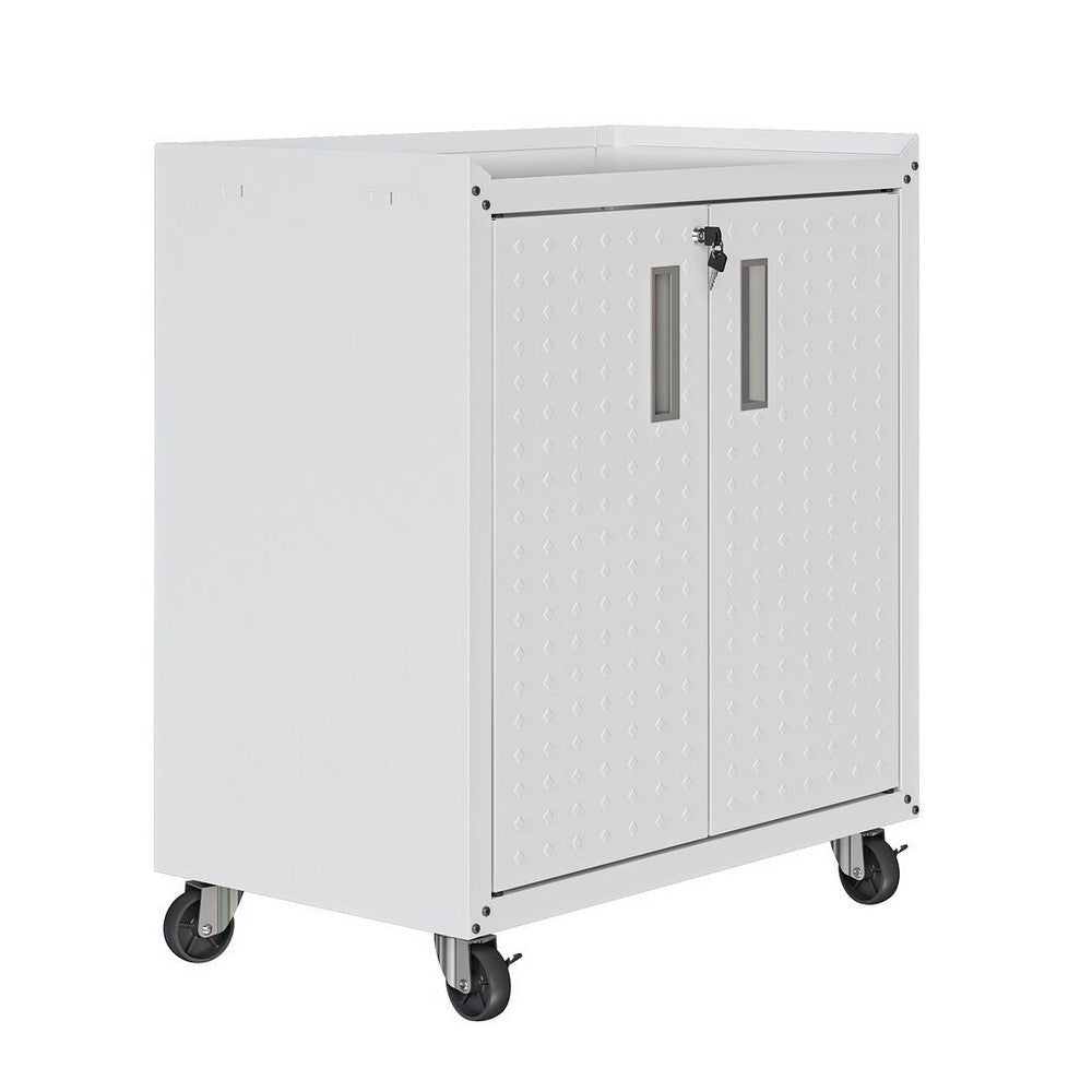 Fortress Textured Metal 31.5’’ Garage Mobile Cabinet with 2 Adjustable Shelves in White MHC-3GMCC-WH