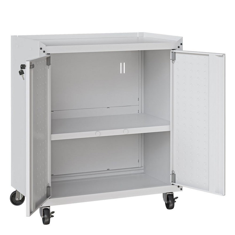 Fortress Textured Metal 31.5’’ Garage Mobile Cabinet with 2 Adjustable Shelves in White MHC-3GMCC-WH