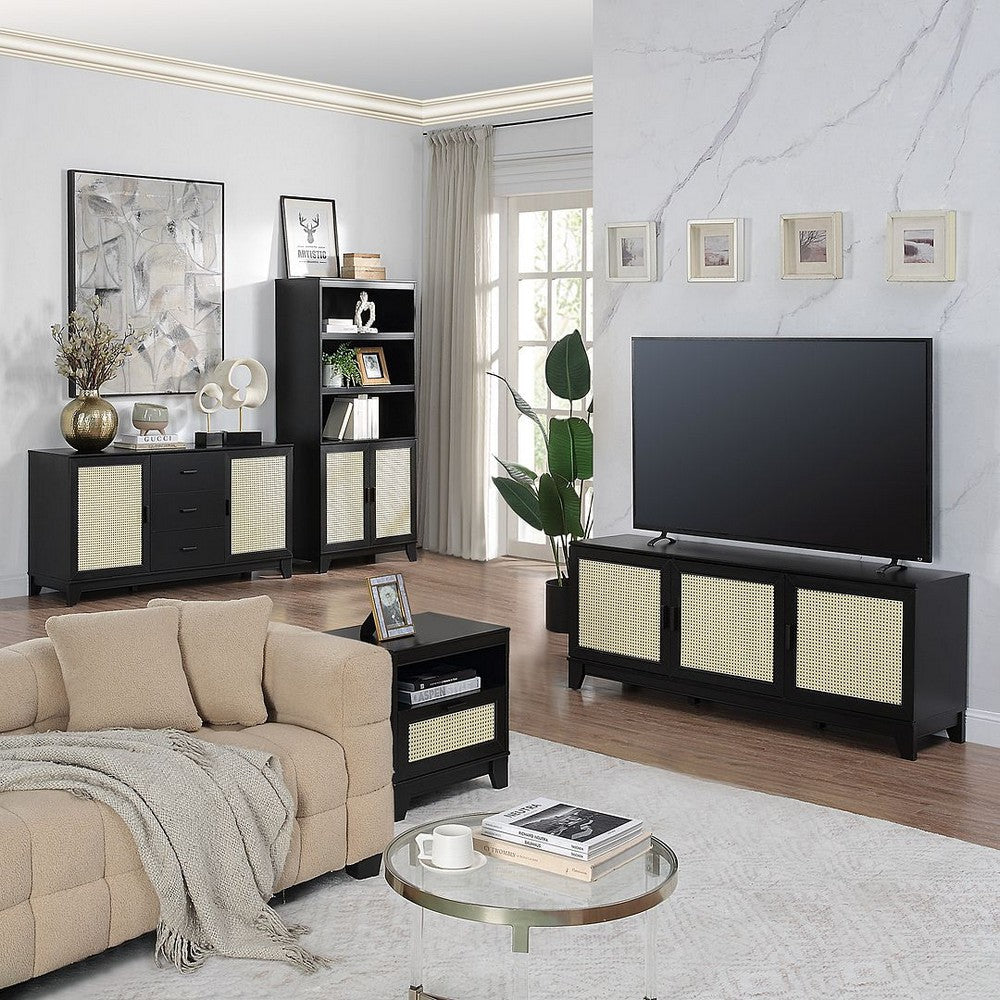 Sheridan Modern Cane 4-Piece Set: Bookcase TV Stand Sideboard End Table in Black MHC-4-3456GLF-BK