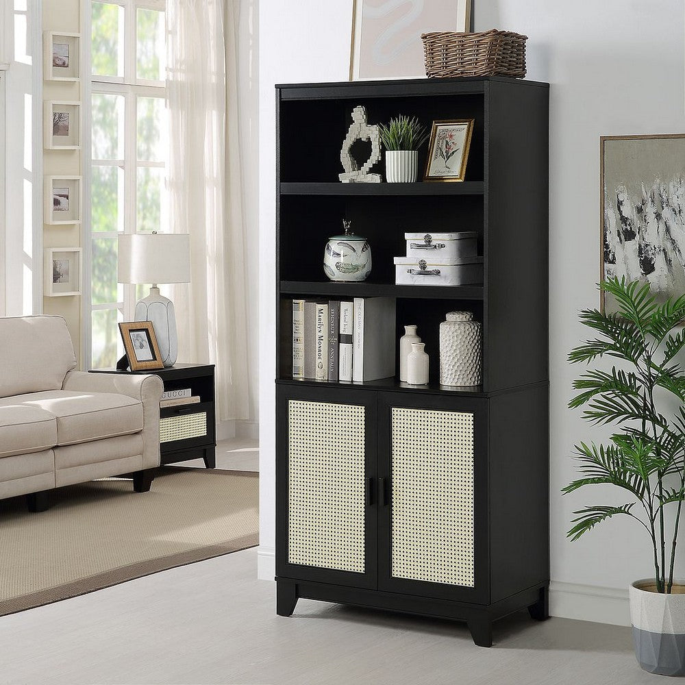 Sheridan Modern Cane 4-Piece Set: Bookcase TV Stand Sideboard End Table in Black MHC-4-3456GLF-BK