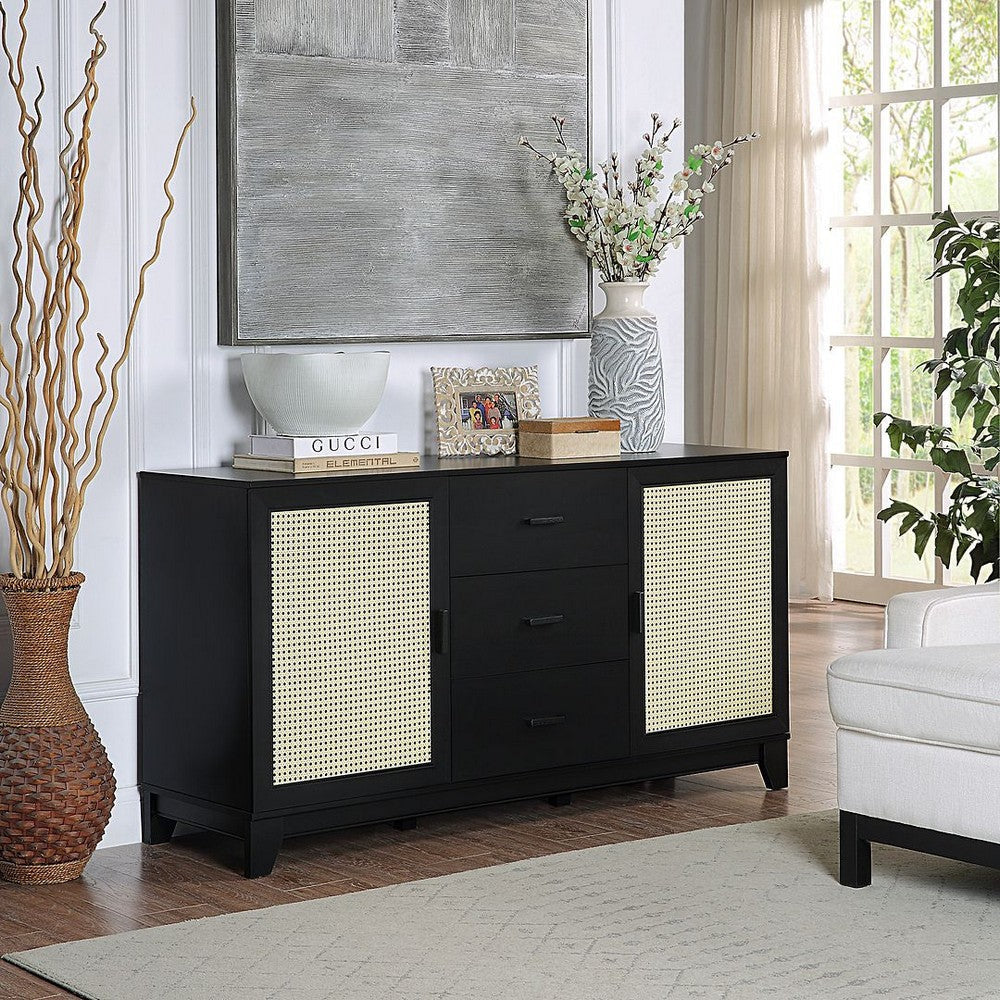 Sheridan Modern Cane 4-Piece Set: Bookcase TV Stand Sideboard End Table in Black MHC-4-3456GLF-BK
