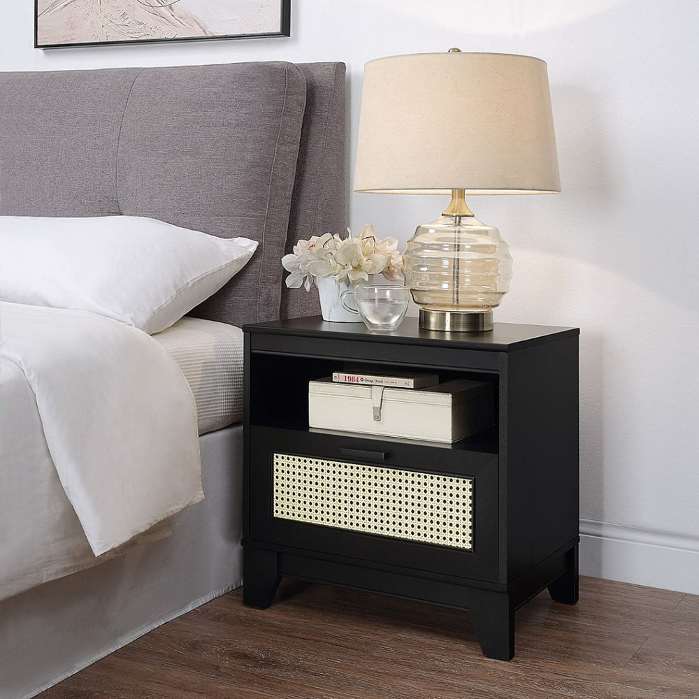 Sheridan Modern Cane 4-Piece Set: Bookcase, TV Stand, Sideboard, End Table in Black