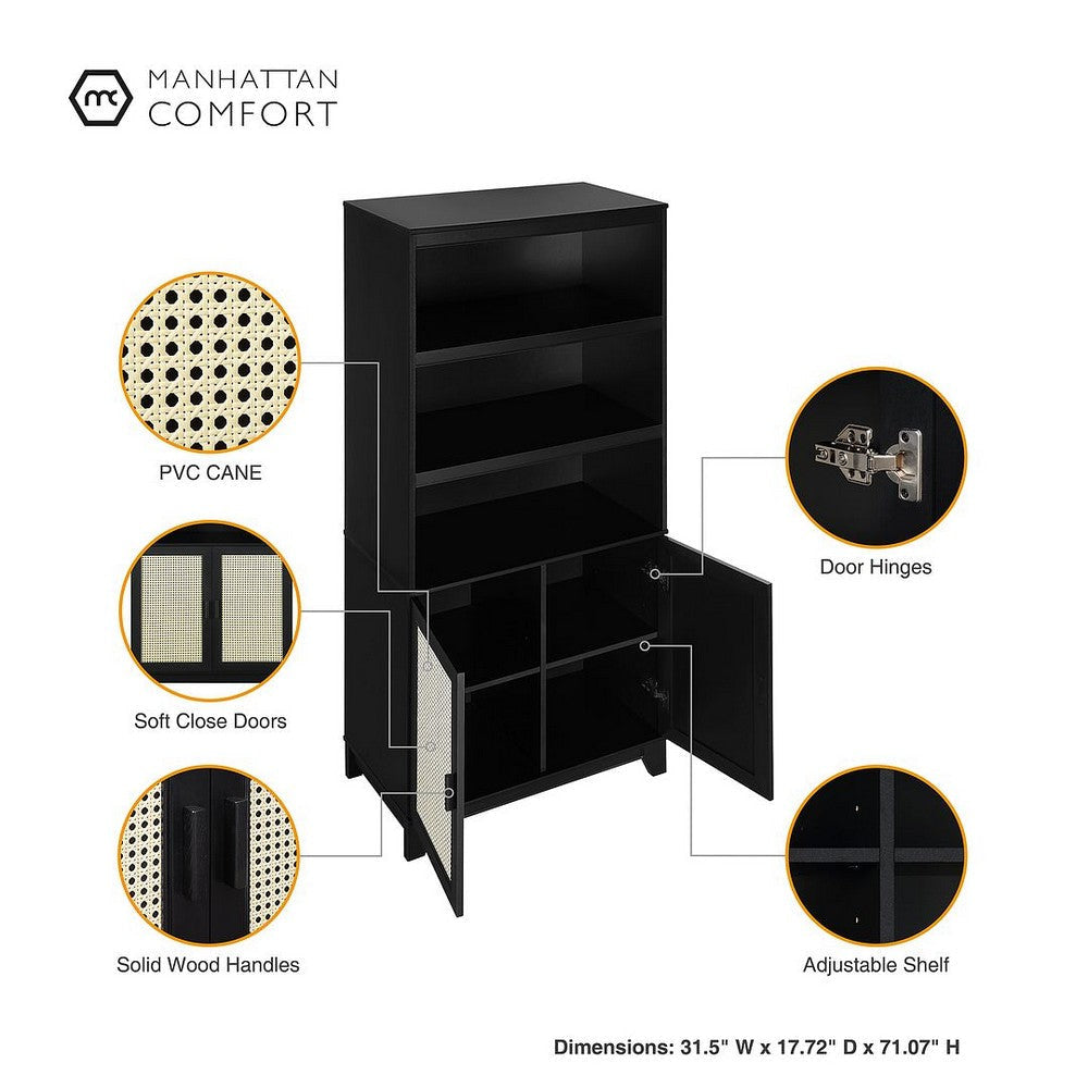 Sheridan Modern Cane 4-Piece Set: Bookcase TV Stand Sideboard End Table in Black MHC-4-3456GLF-BK