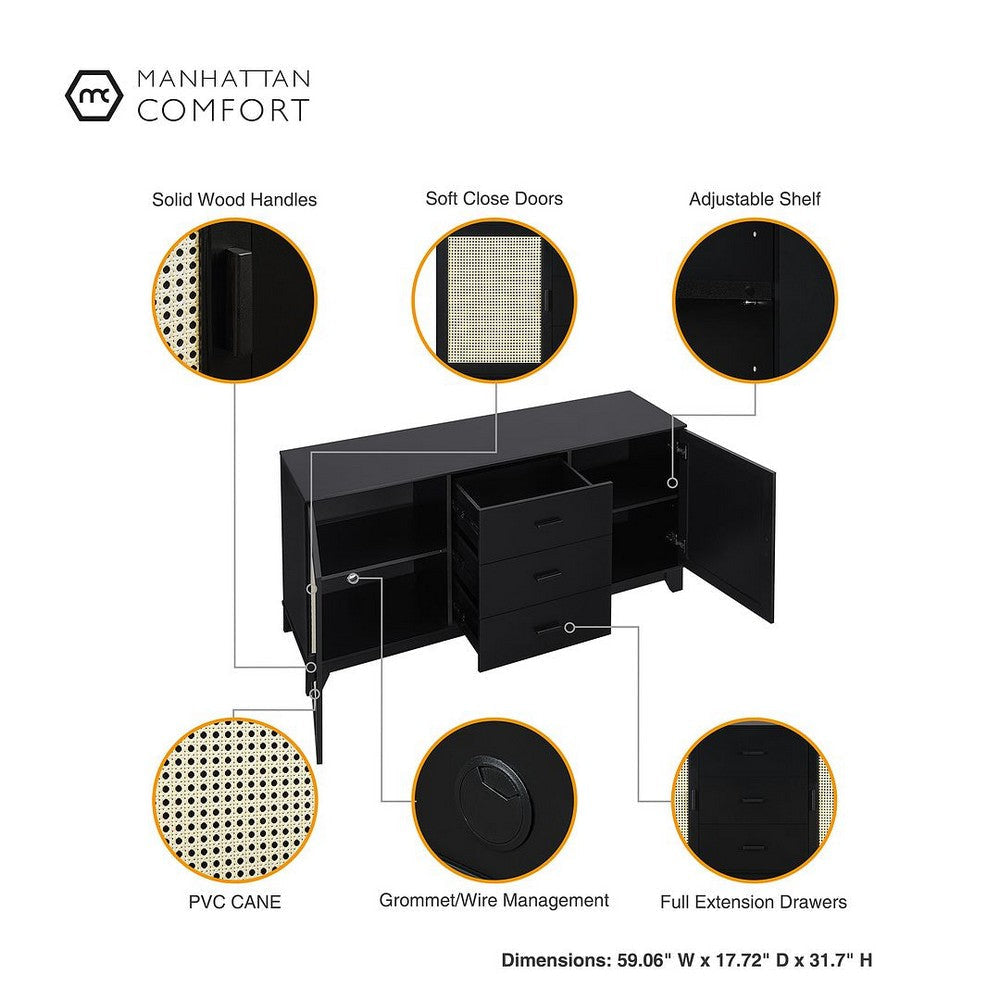 Sheridan Modern Cane 4-Piece Set: Bookcase TV Stand Sideboard End Table in Black MHC-4-3456GLF-BK