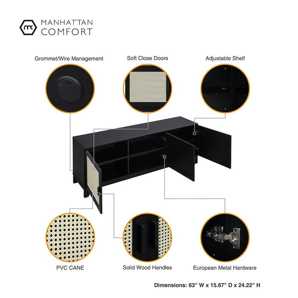 Sheridan Modern Cane 4-Piece Set: Bookcase TV Stand Sideboard End Table in Black MHC-4-3456GLF-BK