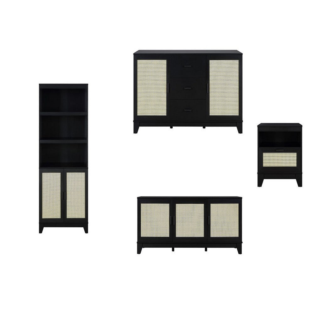 Sheridan Modern Cane 4-Piece Set: Bookcase, TV Stand, Sideboard, End Table in Black
