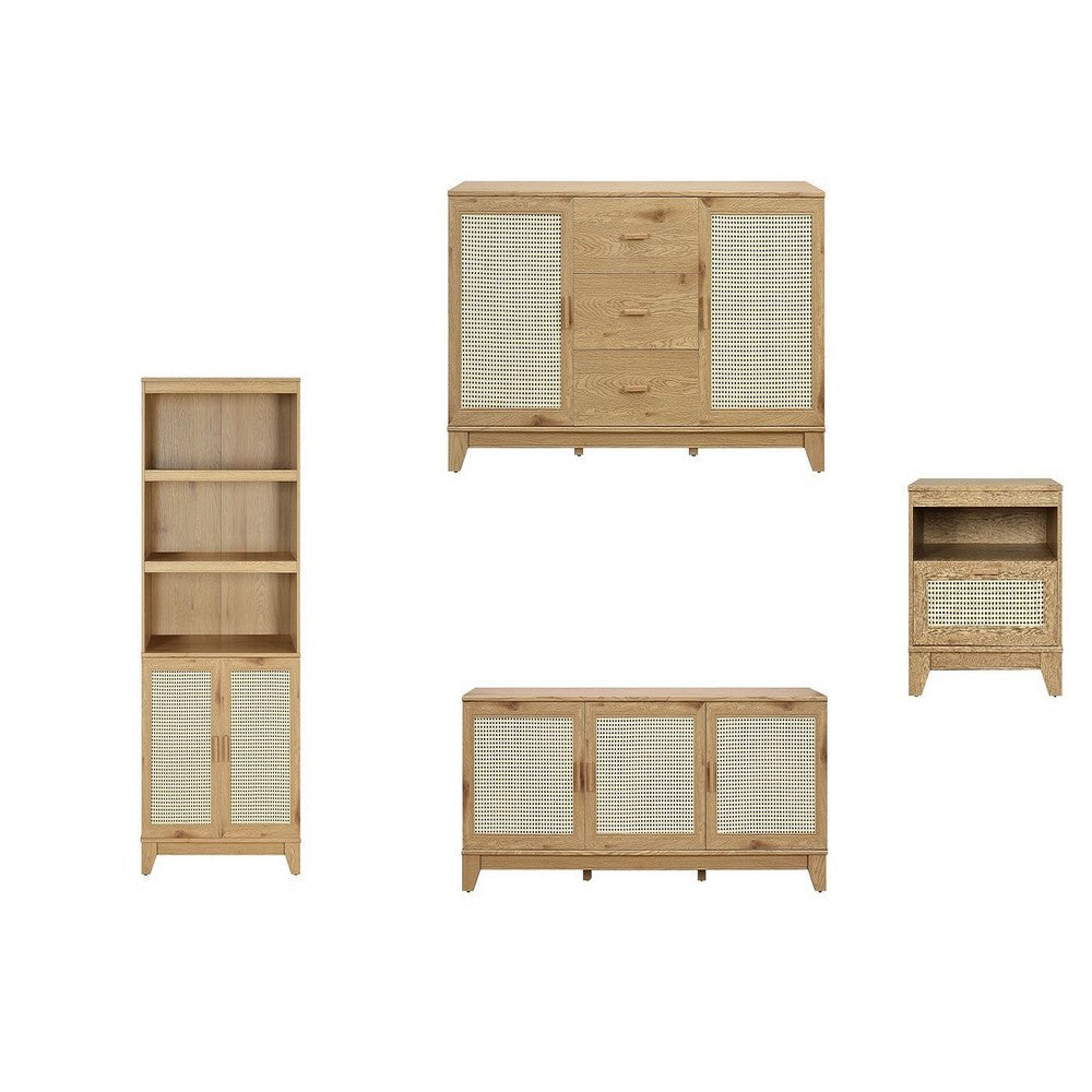 Sheridan Modern Cane 4-Piece Set: Bookcase, TV Stand, Sideboard, End Table in Nature