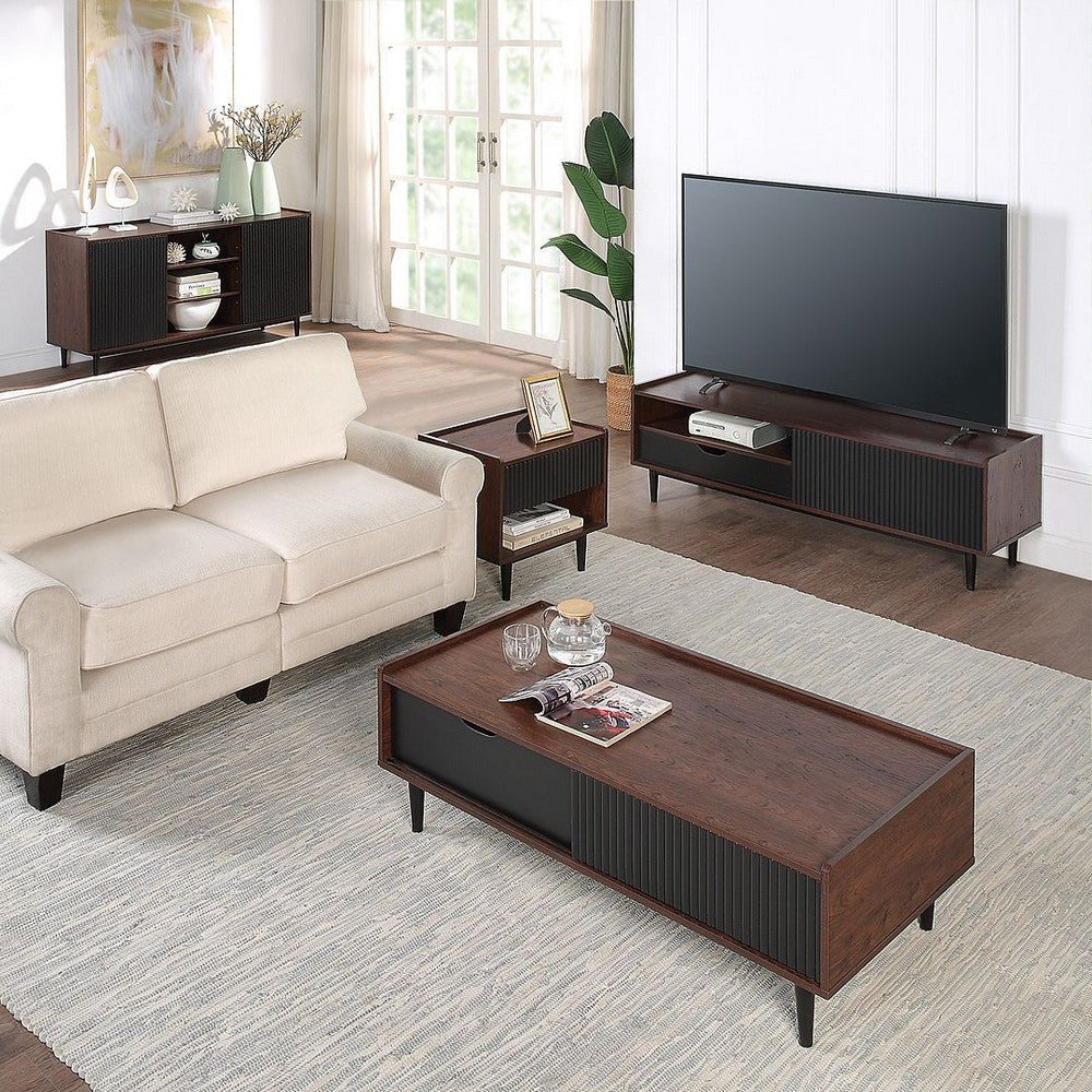 Duane Modern Ribbed 4 Piece Living Room Set: Sideboard TV Stand Coffee Table End Table in Dark Brown and Black MHC-4-8911GLF-BK