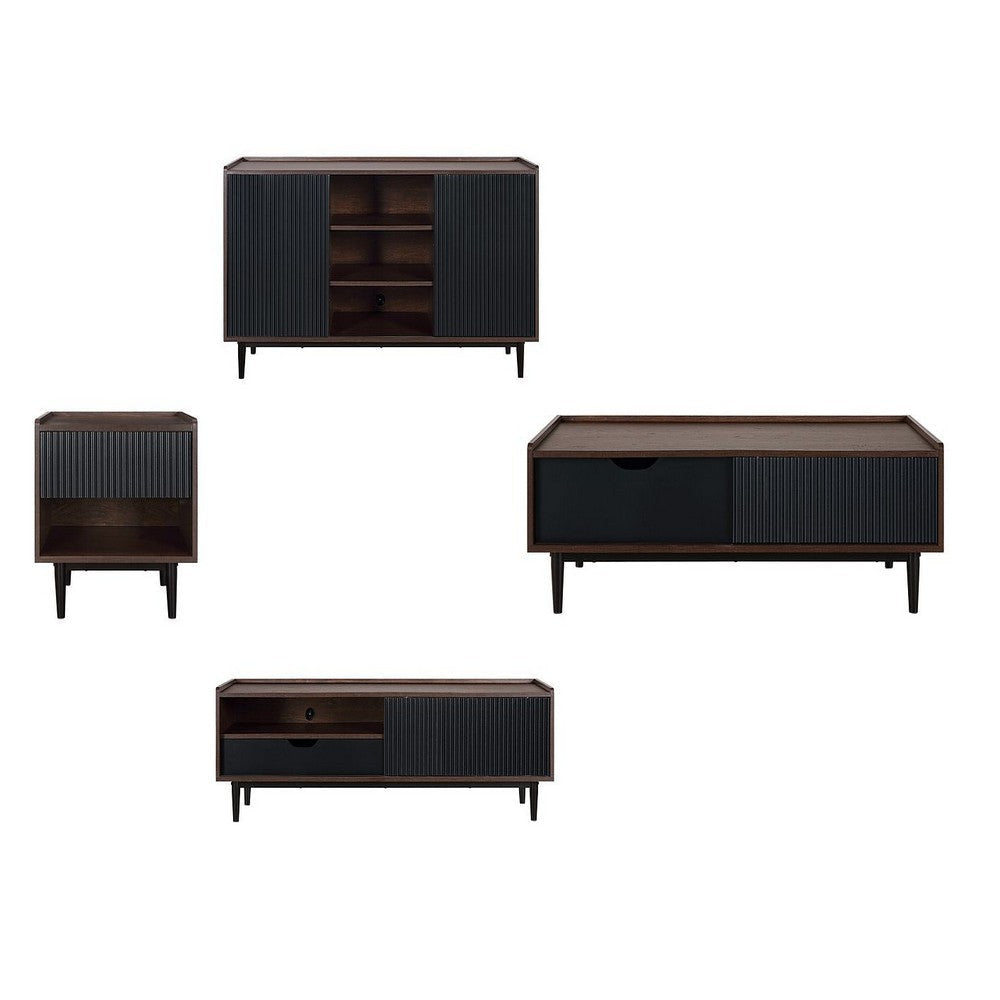 Duane Modern Ribbed 4 Piece Living Room Set: Sideboard, TV Stand, Coffee Table, End Table in Dark Brown and Black