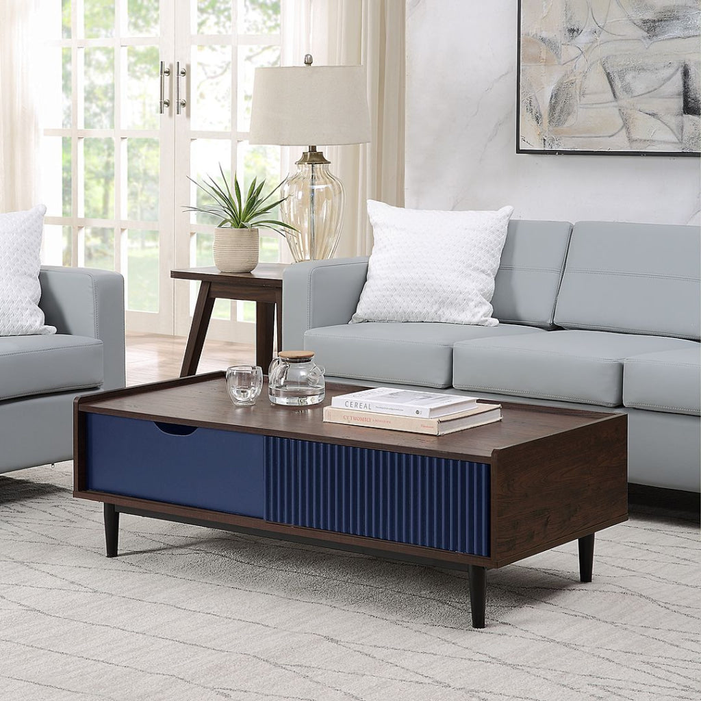Duane Modern Ribbed 4 Piece Living Room Set: Sideboard TV Stand Coffee Table End Table in Dark Brown and Navy Blue MHC-4-8911GLF-NB
