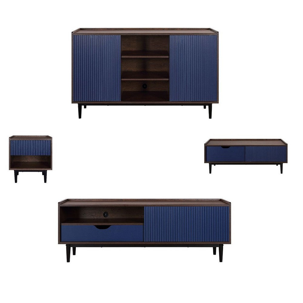 Duane Modern Ribbed 4 Piece Living Room Set: Sideboard, TV Stand, Coffee Table, End Table in Dark Brown and Navy Blue