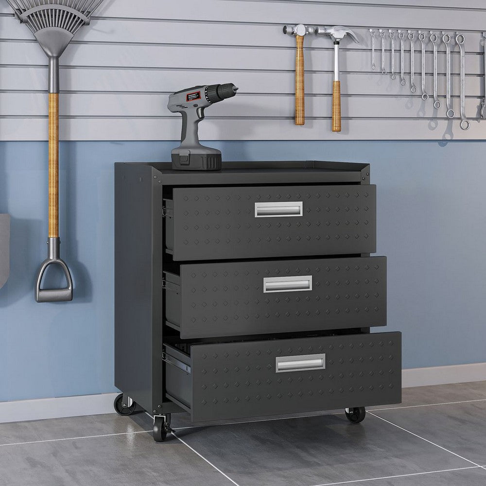 Fortress Textured Metal 31.5’’ Garage Mobile Chest with 3 Full Extension Drawers in Charcoal Grey MHC-4GMCC-CH