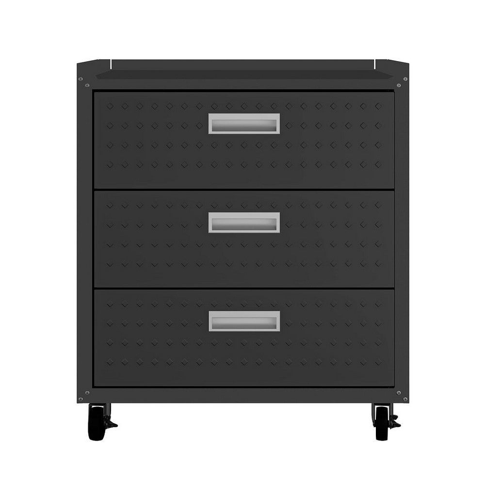 Fortress Textured Metal 31.5" Garage Mobile Chest with 3 Full Extension Drawers in Charcoal Grey
