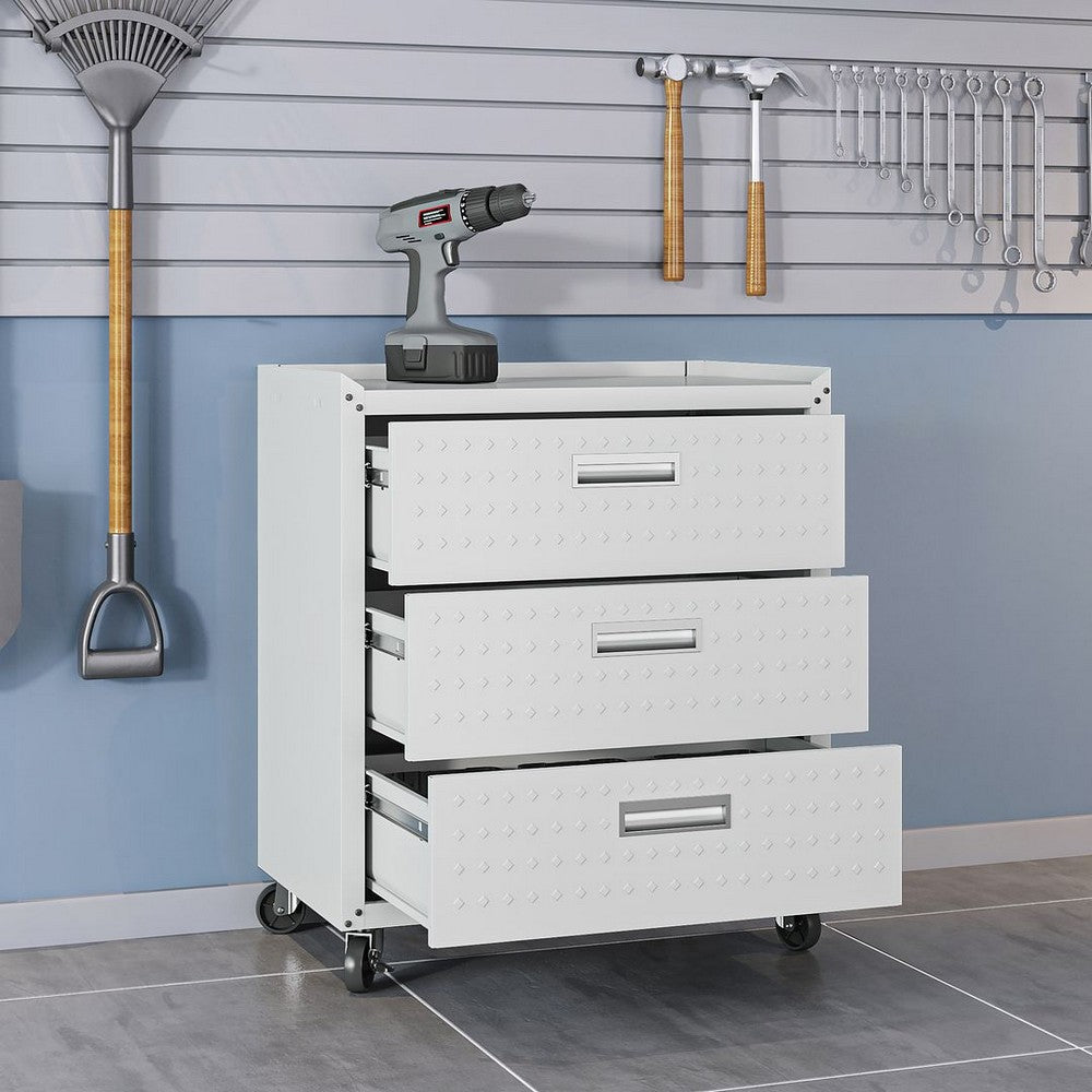 Fortress Textured Metal 31.5’’ Garage Mobile Chest with 3 Full Extension Drawers in White MHC-4GMCC-WH