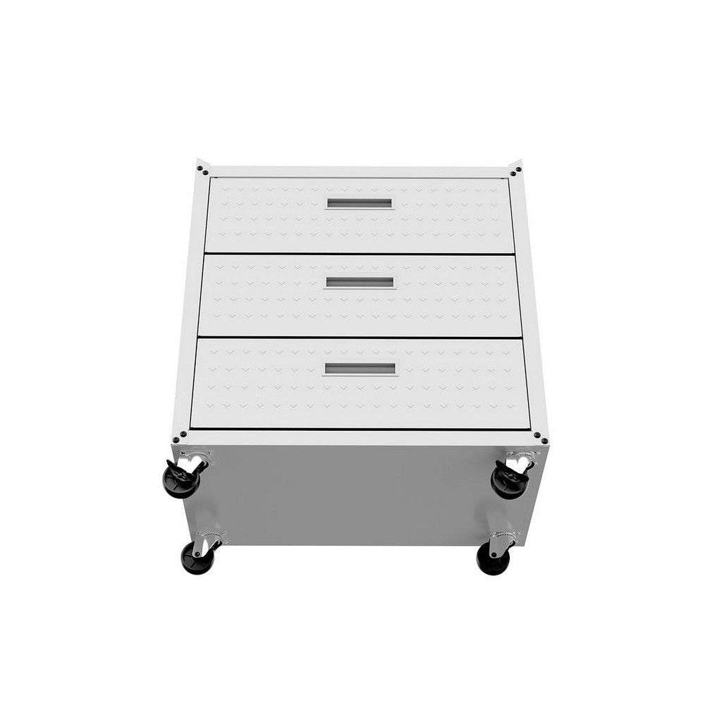 Fortress Textured Metal 31.5’’ Garage Mobile Chest with 3 Full Extension Drawers in White MHC-4GMCC-WH
