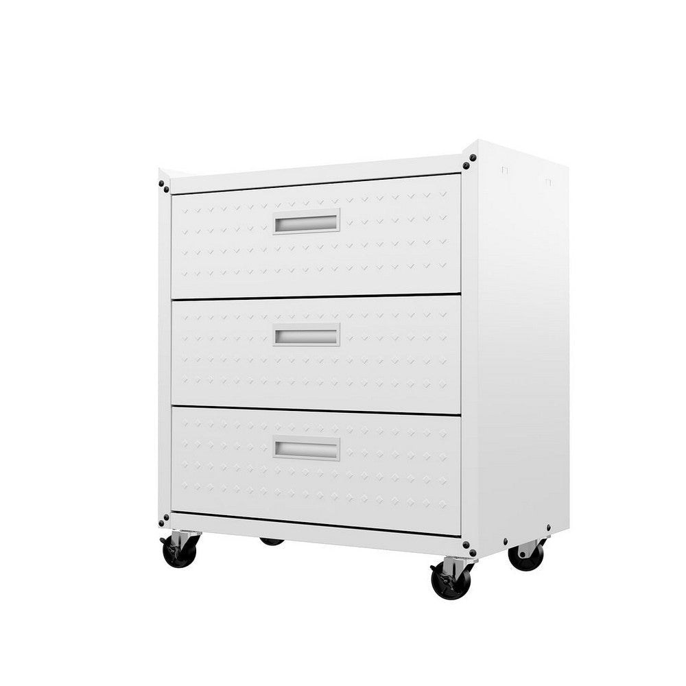 Fortress Textured Metal 31.5’’ Garage Mobile Chest with 3 Full Extension Drawers in White MHC-4GMCC-WH