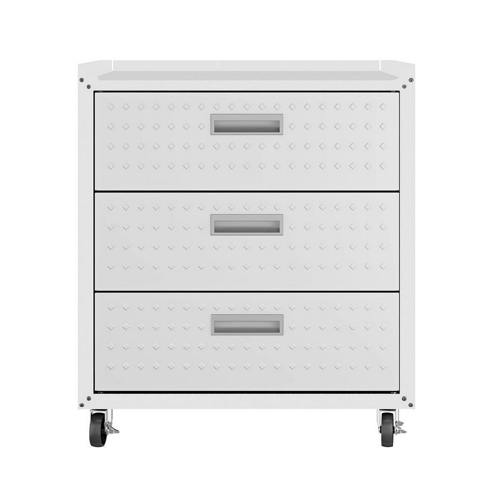 Fortress Textured Metal 31.5" Garage Mobile Chest with 3 Full Extension Drawers in White