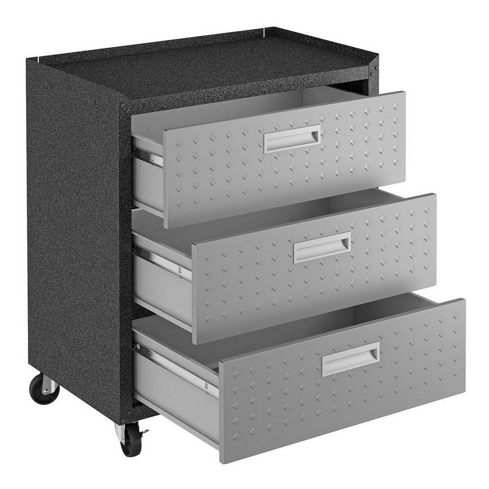 Fortress Textured Metal 31.5’’ Garage Mobile Chest with 3 Full Extension Drawers in Grey MHC-4GMCC