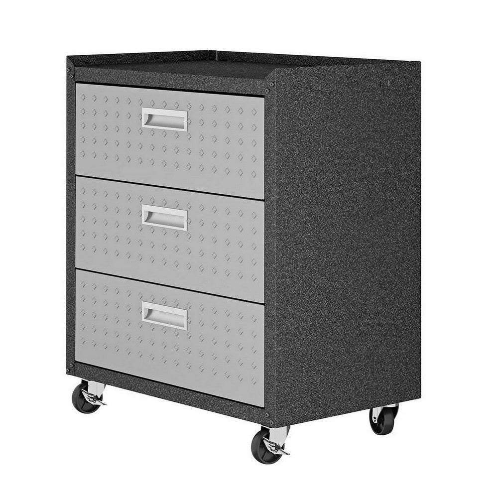 Fortress Textured Metal 31.5" Garage Mobile Chest with 3 Full Extension Drawers in Grey