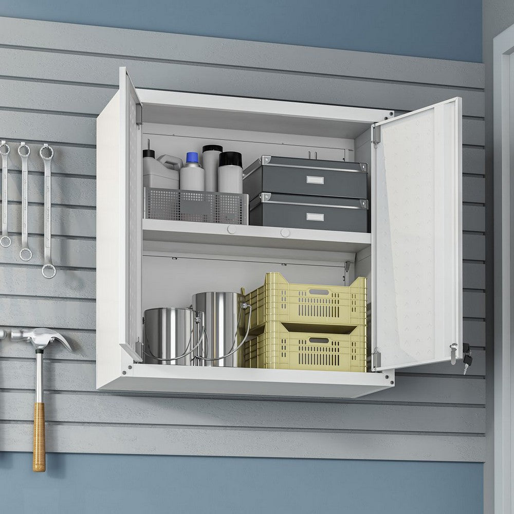 Fortress 30’’ Floating Textured Metal Garage Cabinet with Adjustable Shelves in White MHC-5GMC-WH
