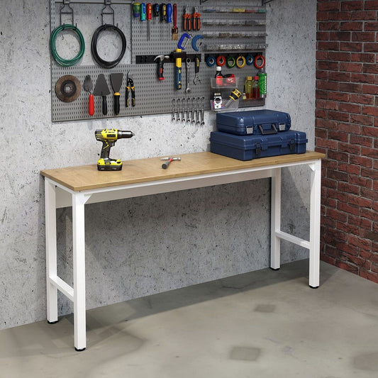 Fortress 72.4" Natural Wood and Steel Garage Table in White