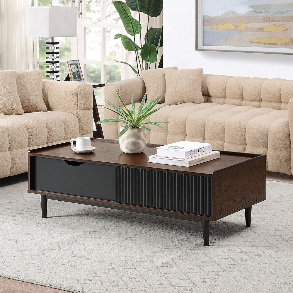 Duane Modern Ribbed Coffee Table with Drawer and Shelf in Dark Brown and Black MHC-CT-11GLF-BK