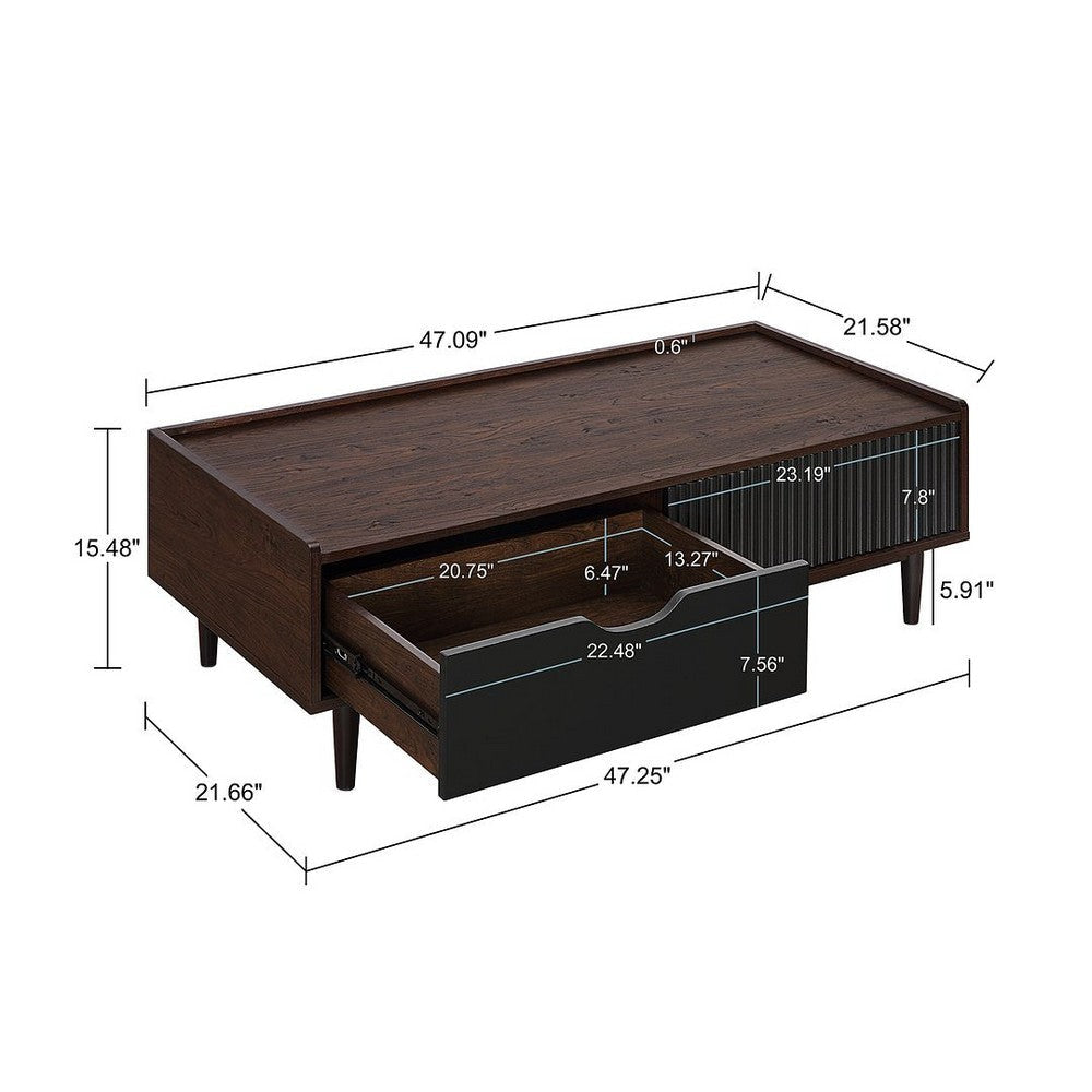 Duane Modern Ribbed Coffee Table with Drawer and Shelf in Dark Brown and Black MHC-CT-11GLF-BK