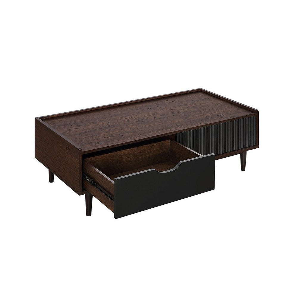 Duane Modern Ribbed Coffee Table with Drawer and Shelf in Dark Brown and Black MHC-CT-11GLF-BK