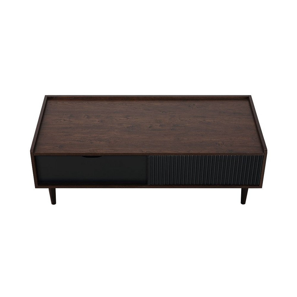 Duane Modern Ribbed Coffee Table with Drawer and Shelf in Dark Brown and Black MHC-CT-11GLF-BK