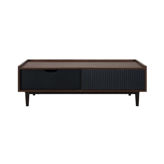 Duane Modern Ribbed Coffee Table with Drawer and Shelf in Dark Brown and Black